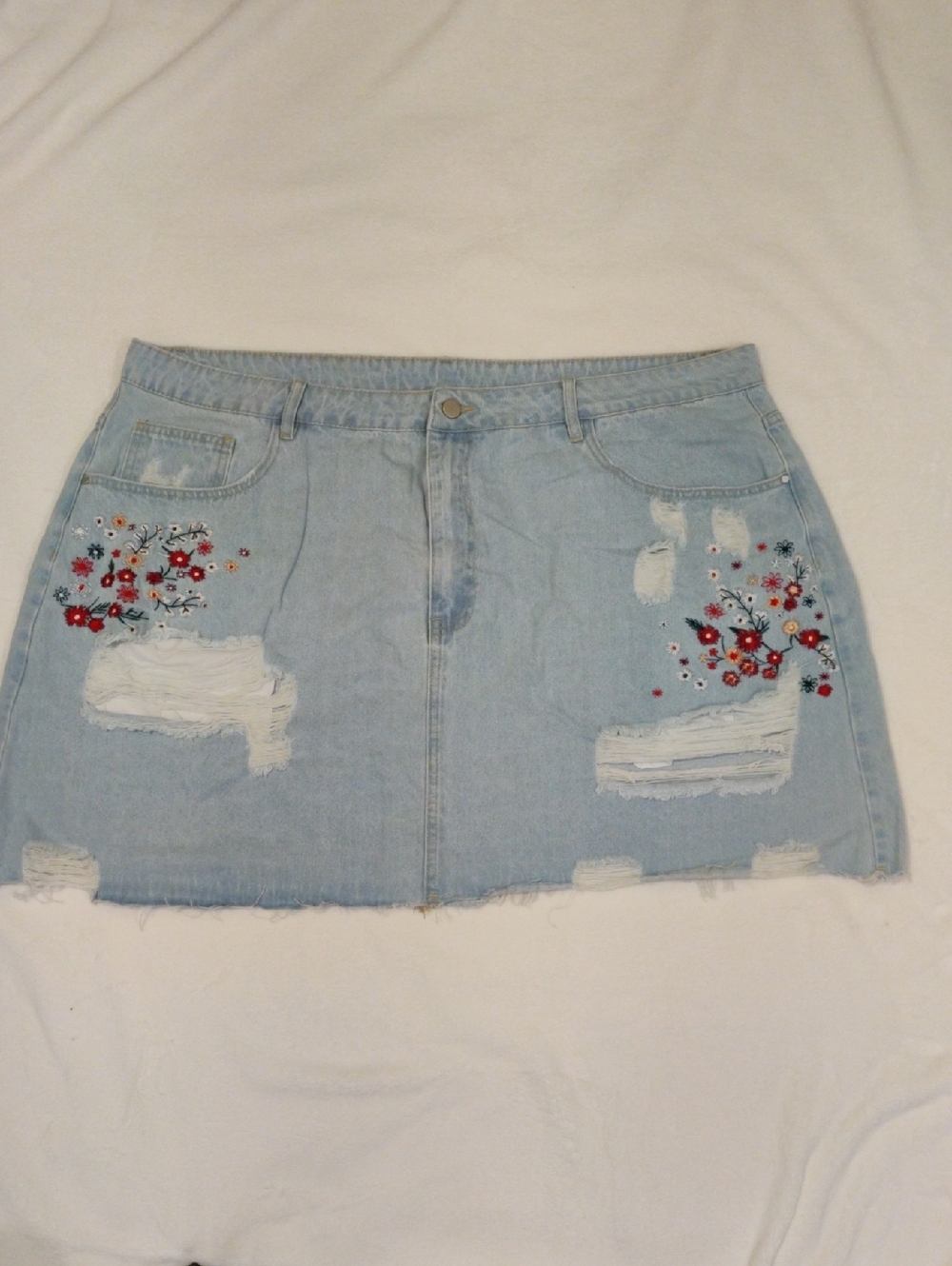 Cider Light Wash Denim Mini Skirt with Red Floral Embroidery